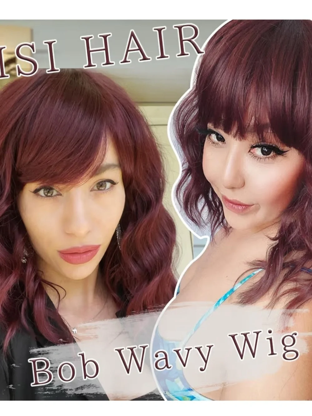 C1- Wine Red Burgundy Wavy Bob Wig with Bangs - Women Hair